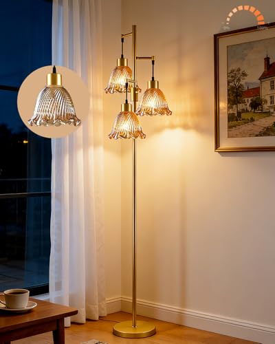 Image of Lightdot Glass Floor Lamps for Living Room, 3-Light Dimmable Floor Lamp with Amber Glass Shade& E12 Bulbs Included, Mid Century Standing Tall Lamp with 5Lbs Heavy Base for Bedroom /Sofa Beside-Gold