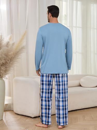Vulcanodon Mens Pajama Set Long Sleeve, Pajamas Made from Bamboo Pulp Viscose and Cotton Lightweight PJS for Men(Grey Blue+Royal Blue Plaid, L)3