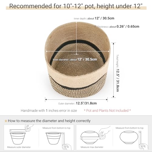Image of Dahey Jute Rope Plant Basket Modern Woven Storage Basket for 12 inch Indoor Planter, Decorative Flower Pots Cover Laundry Bin with Handle Rustic Home Decor, Black