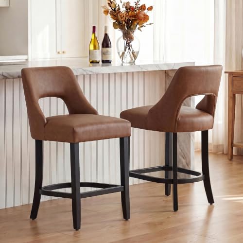 Image of UVV Bar Stools Set of 4, Modern Upholstered Counter Height Bar Stools, Faux Leather Counter Stools BarStools with Wood Legs for Kitchen Island Dining Room Bar, Brown