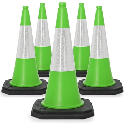 Street Solutions UK Green Traffic Cones 750mm Pack of 5 - Heavy Duty Road Cones Large, Wind Resistant High Reflectivity No Parking Cones