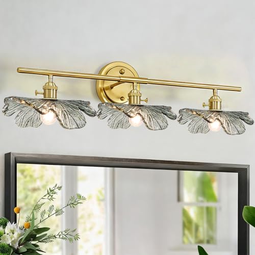 Image of 3 Light Bathroom Vanity Light Vintage Wall Sconce Gold Vanity lighting fixtures Over Mirror mid Century Modern Wall lamp with Dark Green Glass Shade Indoor Wall Light for Bedroom Hallway Living Room