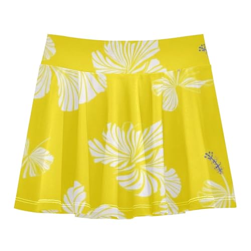 Joisal White Hibiscus Flowers Yellow Kids Tennis Skirts Flowy Girls' Shorts Athletic Skorts Pleated Skort 4t