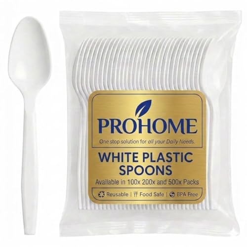 ProHome Reusable Plastic Tablespoons Pack of 100 Premium Table Spoons Dessert & Cereal Spoons Cutlery BPA-Free Durable & Dishwasher Safe for Daily Use (100)