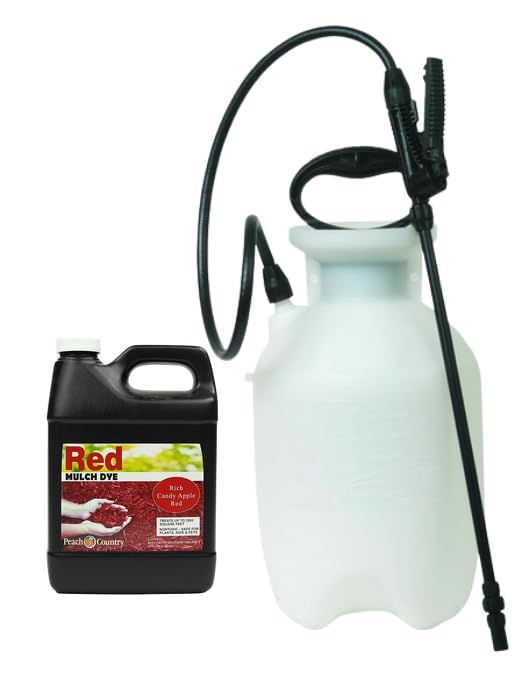 Peach Country Premium Red Mulch Dye Kit 1 Quart Bottle with 1 Gallon Pump Sprayer – Professional Landscape Mulch Colorant for Faded Mulch, Pine Straw & Beds