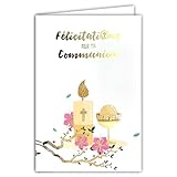 68 6002 Carte Félicitations pour ta COMMUNION en Or Doré Brillant avec Enveloppe 12x17,5cm pour Jeune Fille Chrétienne Catholique Bougie Pain Ostie Coupe Calice Ciboire Fleurs Fabrication Française