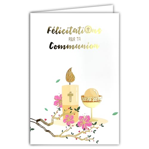 68-6002 Carte Félicitations pour ta COMMUNION en Or Doré Brillant avec Enveloppe 12x17,5cm pour Jeune Fille Chrétienne Catholique Bougie Pain Ostie Coupe Calice...