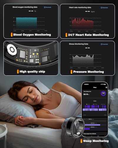 Image of Smart Ring Health Tracker with Charging Case,Sleep,Heart Rate & Blood Oxygen Monitor 5ATM+IP68 Waterproof Fitness Ring, No Subscription,3-7Day Battery,iOS & Android Compatible for Men Women black 7#