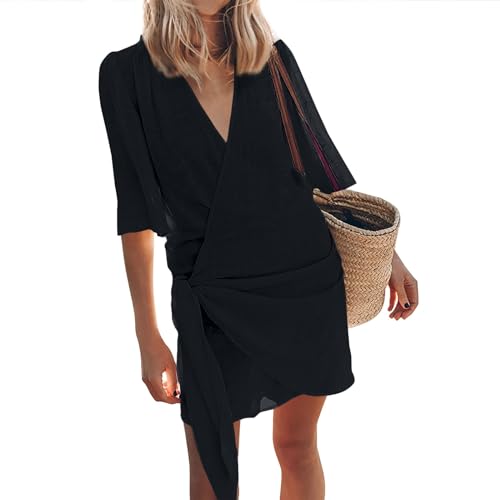 FUPODD Wickelkleid Damen Sommer Mini Strandkleid Casual Dünne Sommerkleid Kurz Elegant Sommerkleider Leicht Luftig Schnürung Damenkleider V...