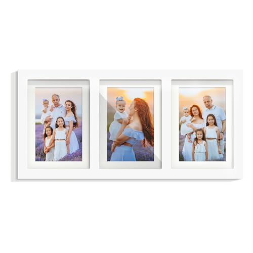 Image of DUENPY 5x7 Picture Frame Collage Holds 3 Photos Made of High Definition Glass, Mat for Display 4x6 Picture Frame Collage Photo for Wall Decor White
