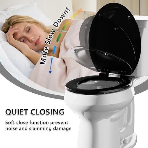 Image of Angol Shiold Slow Close Wood Toilet Seat（Black, Elongated 18.5''） | Durable enameled wood elongated toilet seat, adjustable non-slip hinges, anti-pinch bumpers, easy to install and clean