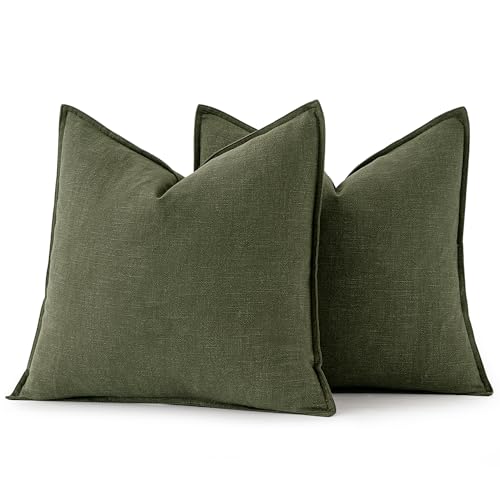Image of MIULEE Decorative Linen Pillow Covers 18x18 Inch Dark Olive Green Boho Farmhouse Neutral Spring Couch Throw Pillows for Bed Pack of 2 Accent Pillowcase Modern Sofa Cushion Livingroom Home Decor