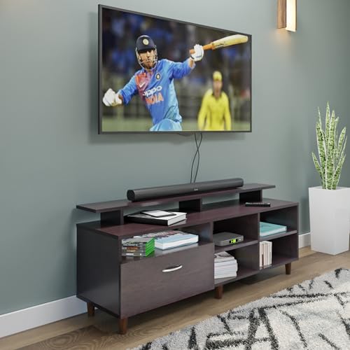 Image of VIKI Modern TV Unit for Living Room | Engineered Wood TV Cabinet with 1 Drawer Storage, 2 Open Shelves & Extension, Entertainment Unit, 140W x 48H x 40D cm | DIY | 1 Year Warranty (Wenge)