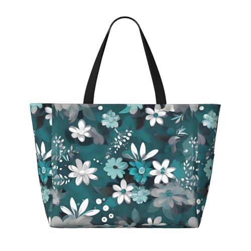 Teal Grey And White Floral Large Capacity Waterproof Sandproof Multifunctional Beach Travel Camping Picnic Storage Bag2