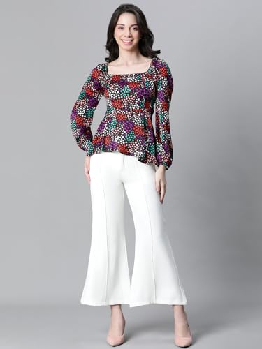 Image of Women Solid Round Neck Elasticated Polka Print Long Sleeve Top