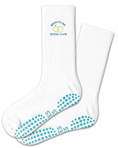 AYQJCBGC Cute Pilates Grippy Socks, Bride To Be Social Club Rings Sign Best Pilates Gifts for Women, White and Blue Crew Grip Socks for Studio Pilate Workout.(045)