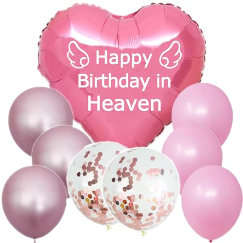 Nine Memorial Heart Balloon with String, Happy Birthday in Heaven Pink Balloon Heart-Shaped for Cemetery, Outdoors, Garden Yard, Memorial Grave Markers, Bouquet Topper