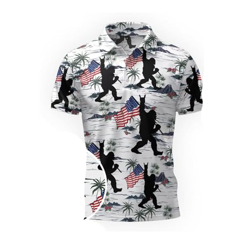 Men's Retro Flag Print Polo Shirt Bigfoot Sasquatch American Flag Patriotic Hawaiian Polo