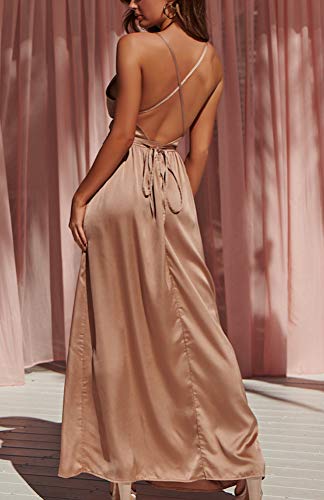Yimeili Women\'s Satin Formal Dress Sexy Cowl Neck Backless Split Long Maxi Cocktail Party Wedding Guest Dress (L, Golden Cowl Neck) - Thumbnail 2
