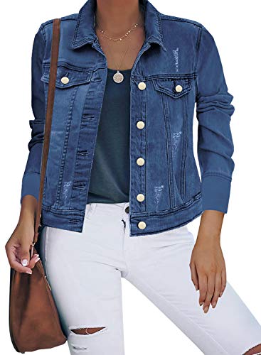 LookbookStore Women's Basic Long Sleeves Button Down Fitted Solid Denim Jacket Jean Outerwear for Women Navy Blue Size L
