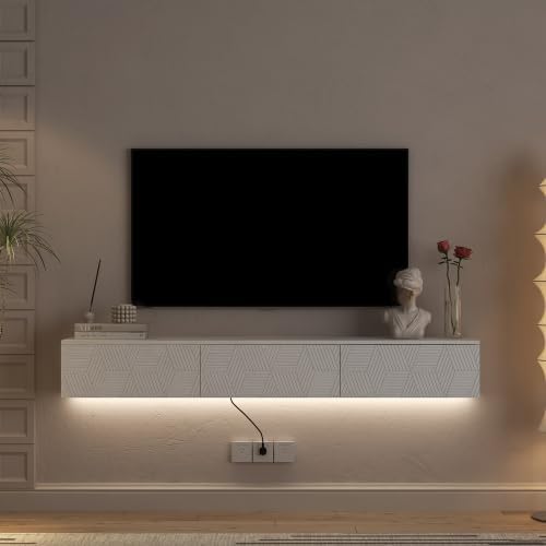 Ferand 67" Floating TV Stand Wall Mounted with 16 Color LED Lights, Modern Wall Mounted TV Cabinet Entertainment Center for 55–65 Inch TVs, Floating Media Console with Storage, White Finish
