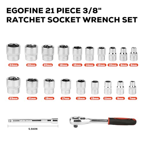 image for Egofine 21pcs 3/8 Inch Ratchet Socket Wrench Set, Drive Socket Set wit