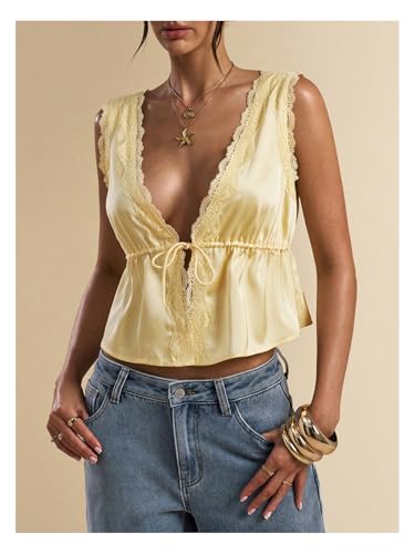 Women's Tie Front Deep V Neck Peplum Tops Lace Trim Sleeveless Satin Crop Tank Top4