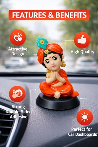 Image of Krishan Ji Sitting Open Eyes Dashboard Idol, Orange | Premium Resin, Hindu God Murti, Double-Sided Tape Base, Car & Home Temple Decor