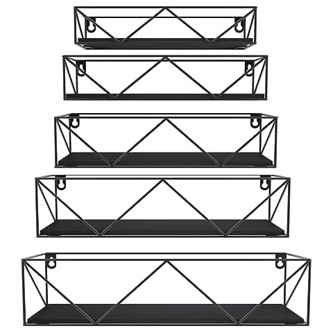 CRUGLA Black Floating Shelves Wall Mounted Set of 5, Hanging Storage Wall Shelf for Bathroom, Bedroom, Living Room, Kitchen Cover