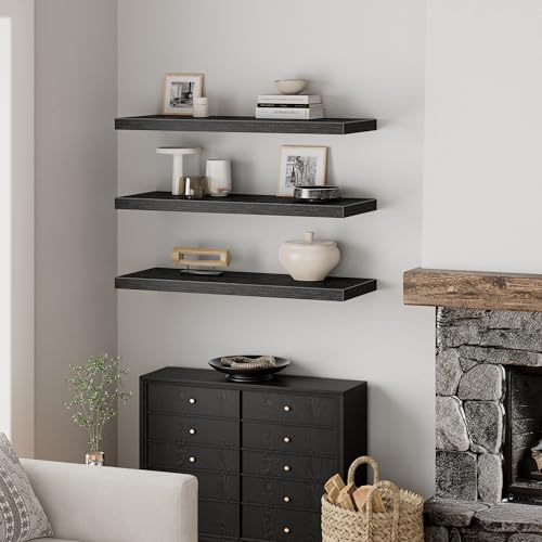 Image of QEEIG 12 inch Deep Floating Shelves for Wall - 12 x 36 inch Book Shelf Bathroom Bedroom Kitchen Living Room Hanging Bookshelf Farmhouse Set of 3, Black (026-90B3)