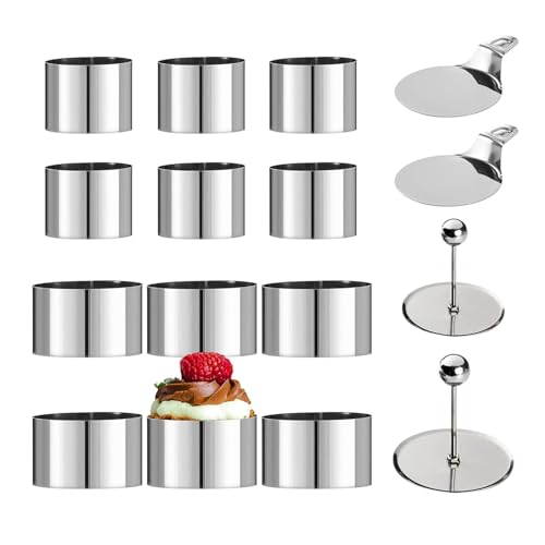 Nsawtasche Lot de 12 anneaux à dessert en acier inoxydable (8 cm + 6 cm) – Parfait pour la mousse, les tartes et la pâtisserie – Avec pilon et pochoirs, passe au lave-vaisselle (12)