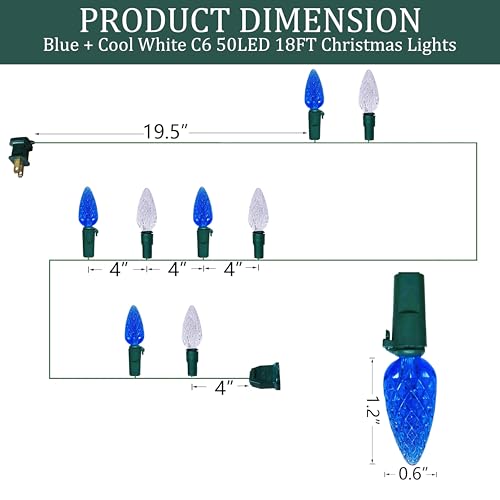 Image of C6 Christmas Lights 50 LED Blue + Cool White Strawberry 18ft Waterproof String Lights for Outdoor Indoor Garden Yard Home Party Christmas Tree Decoration(Blue+Cool White)