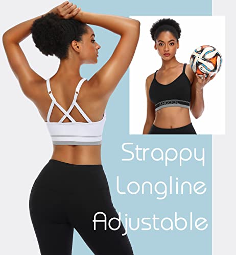 Angool Strappy Sports Bras For Women, Longline Medium Support Yoga Bra Wirefree Padded Sports Bra With Adjustable Straps White 3 Pack #TOP2