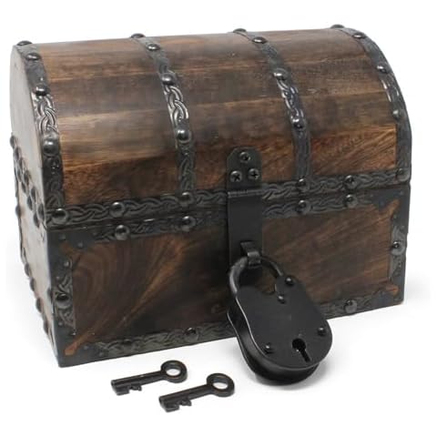 Nautical Cove Wooden Treasure Chest with Decorative Rivets and Reinforcing Iron Strips with Iron Lock and Skeleton Keys (Small 8x6x6) Cover