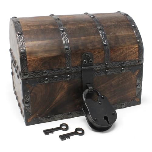 Nautical Cove Wood Treasure Chest with Decorative Rivets and Reinforcing Iron Strips with Lock and Skeleton Keys (Dark Antique, Small 8x6x6) – Wooden Keepsake Box, Pirate Decor, Storage Chest