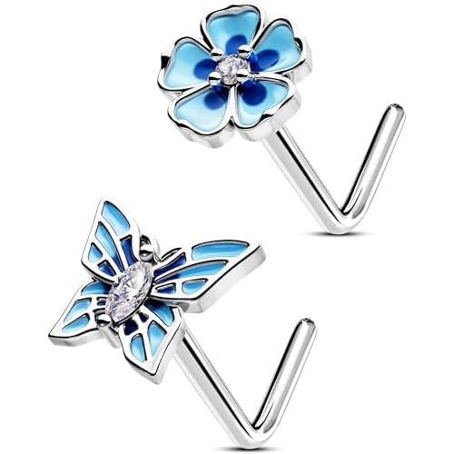 OUFER 2PCS Stainless Steel Nose Rings, Moon Star Butterfly Design 20G Nostril Dangle Piercing Jewelry - 7MM Blue Butterfly Butterfly