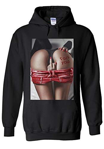 PatPat Store Fuck You Middle Finger Sexy Bum Girl Novelty Black Men Women Unisex Hooded Sweatshirt Hoodie-XL