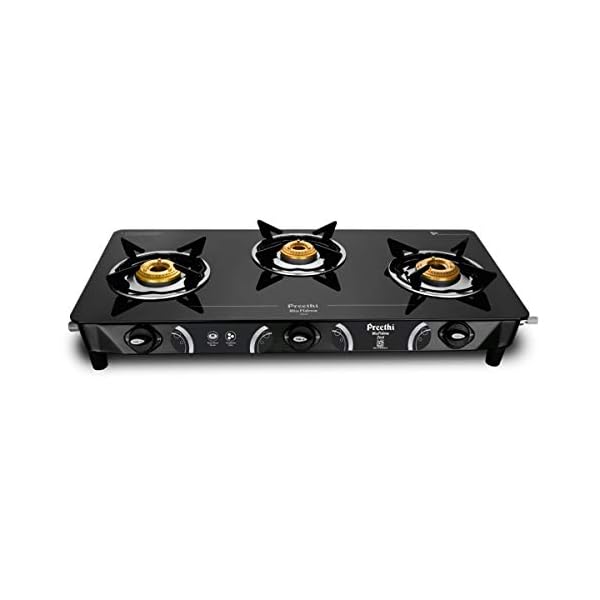 Preethi - GTS124 Zeal glass top 3 burner gas stove, Manual Ignition, Black