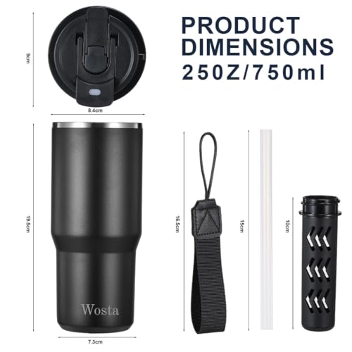 Image of Wosta 750 ml Stainless Steel Insulated Tumbler - Dual-Lid (Flip-Sip + Straw), Tea /Fruit Strainer, Leak-Proof Screw-On Lid, Silicone Straw & Hanging Belt. (Black)