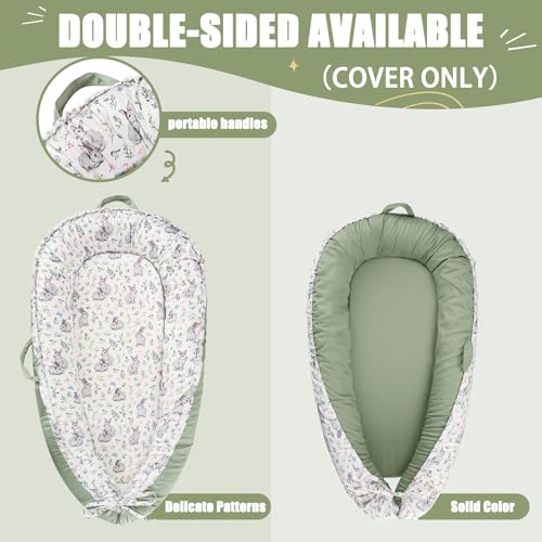 Image of Baby Lounger Cover for Boys Girls, Reversible Baby Nest Cover, Adjustable Baby Lounger Replaceable Cover for Infant Newborn, Portable and Machine Washable, Cotton Green Rabbit Cover