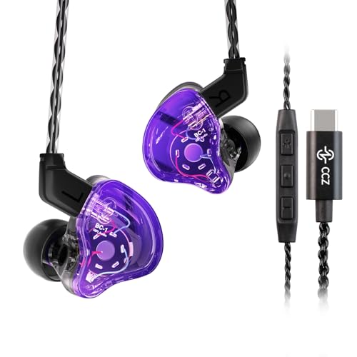 Image of CCZ Melody USB C Headphones Wired Type-C in Ear Monitor, Professional USB C Wired Earbuds Gaming Earphones with 1BA 1DD Patent Ear fins Ear tips for Singer Musician Stage (Clear Purple, USBC-With Mic)