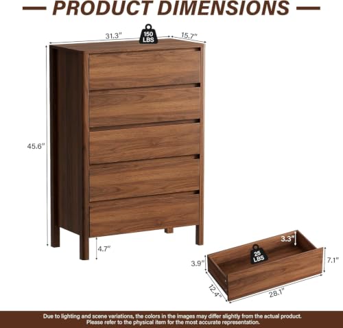 Image of Furniway Walnut 3 Piece Bedroom Set, 5 Drawer Dresser and Nightstands | Includes two 3 drawer nightstands with a Mid Century Modern handleless wood grain design for coordinated bedroom storage