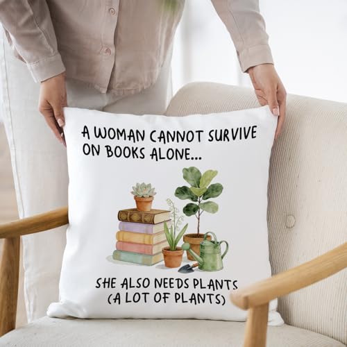 Image of Books and Plant Lover Pillow Covers for Women, Plant Mom Lady Gardening Gifts Reading Pillow for Bed, Book Reader Bookish Bookworm Librarian Gifts 18x18