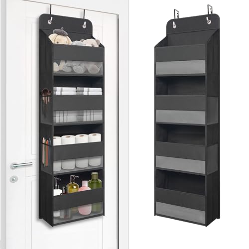Over The Door Hanging Organizer with 4 Large Pockets – Closet, Bathroom, Nursery, Bedroom, Dorm Storage for Toys, Cosmetics, and Baby Essentials, Black