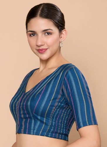 Image of Studio Shringaar Women's Blue Cotton Handloom Stretchable (Smocked) Readymade Saree Blouse