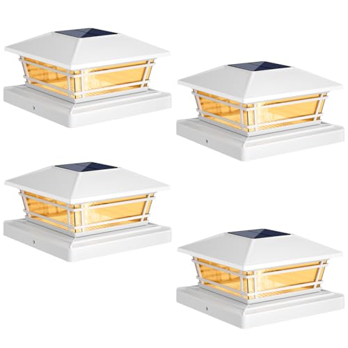 Kipeini Solar Post Cap Lights Outdoor 4Pack [LED Bulb, 2 Brightness Setting] Fence Post Solar Lights Waterproof for 4x4 5x5 or 5.5x5.5 Wood Posts, Warm Bright Bulb Lighting for Garden Deck Yard White