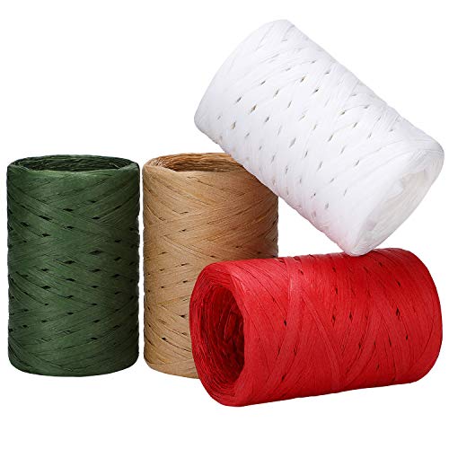 4 Rolls Christmas Raffia Ribbon 1200 Feet Raffia Paper Ribbon Christmas Gift Packing Ribbon for Gift Wrapping, DIY Craft, Holiday Decoration, 300 Feet Each Roll, 4 Colors