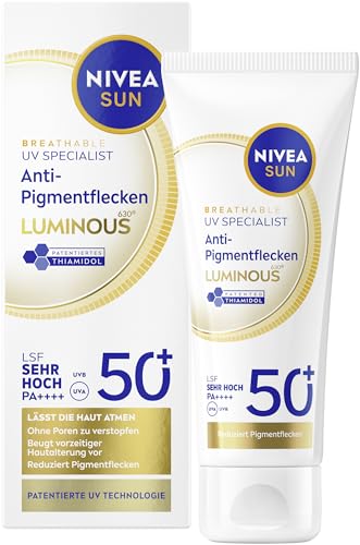 NIVEA SUN UV Gesicht Experte Anti-Pigmentflecken Sonnenschutz LSF 50+, nicht fettendes Sonnencreme Fluid mit patentiertem Thiamidol, Gesichtspflege mit Hyaluron und Vitamin E (40 ml)