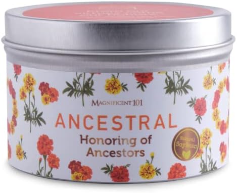 Magnificent 101 Ancestral Aromatherapy Candle in 6-oz. Tin Holder: 100% Natural Soy Wax With Floral & Citrus Essential Oils and Pure Sage Leaves; for Intention Setting, Meditation and Energy Cleansing