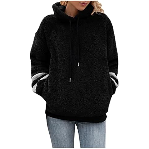 Women Fleece Hoodie Casual Stripe Raglan Solid Color Pullover Fashion Long Sleeve Drawstring Sweatshirt Winter Warm Elastic Cuffs Sweater Basic Fluzzy Plush Plus Size Hoody Coat with Pocket For Women Cover